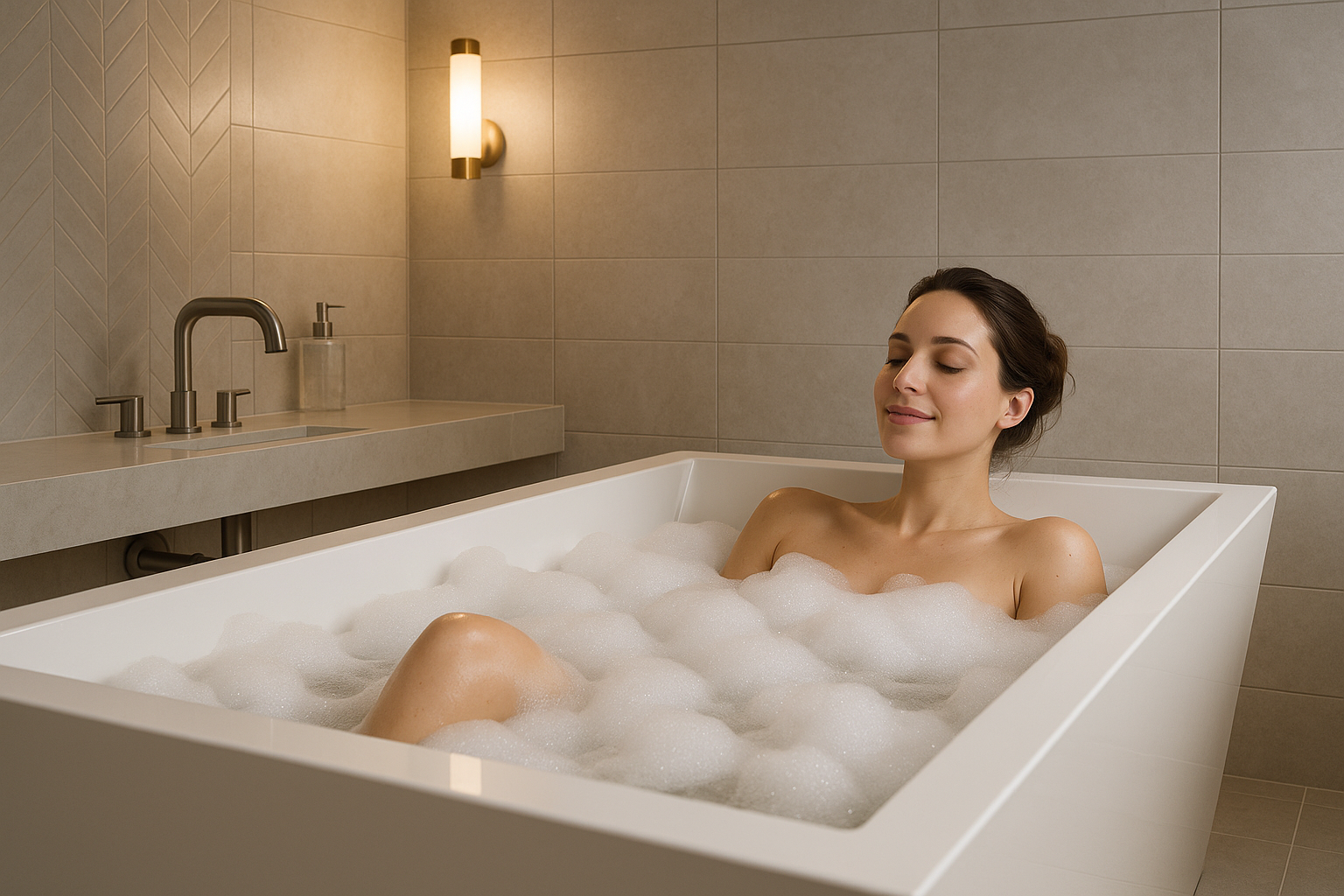woman soaking in bubble bath in modern tub